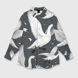 Женская рубашка oversize 3D Стая белых лебедей летящих в небе