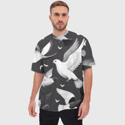 Мужская футболка oversize 3D Белые сизые голуби летящие в небе - фото 2