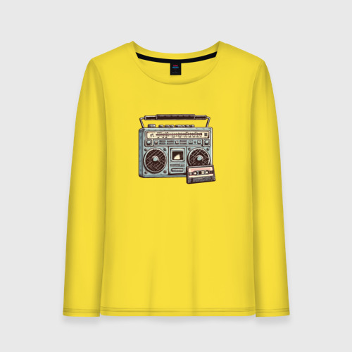 Женский лонгслив хлопок Голубой ретро магнитофон и кассета, цвет желтый