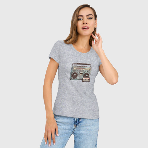 Женская футболка хлопок Slim Голубой ретро магнитофон и кассета, цвет меланж - фото 3