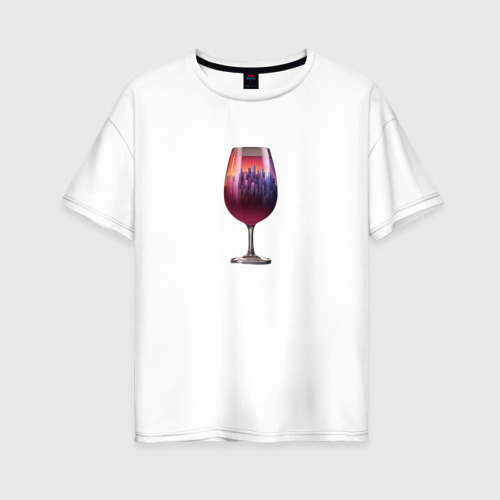 Женская футболка из хлопка оверсайз с принтом Город в бокале - нейросеть, вид спереди №1