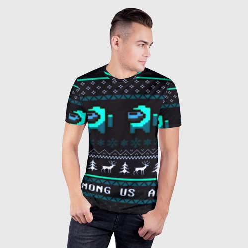 Мужская футболка 3D Slim с принтом Among us зима олени, фото на моделе #1