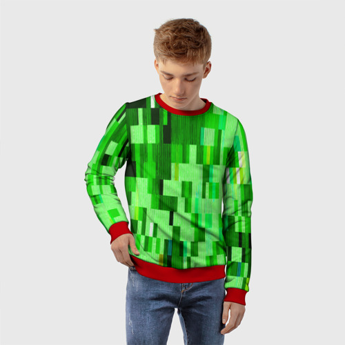 Детский свитшот 3D с принтом Зелёный глитч, фото на моделе #1