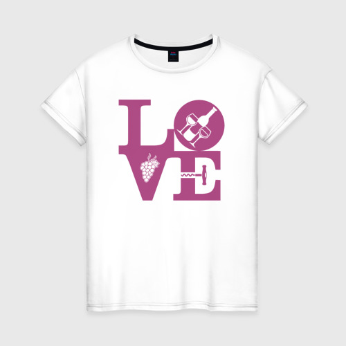Женская футболка из хлопка с принтом Любовь к вину, вид спереди №1