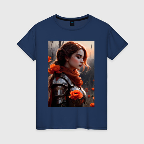 Женская футболка хлопок с принтом Рыжеволосая рыцарь, вид спереди #2