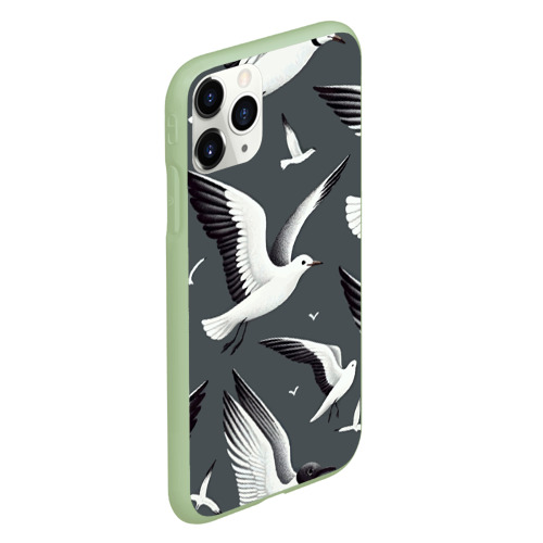 Чехол для iPhone 11 Pro матовый Белый силуэт Чайки на сером - морской паттерн, цвет салатовый - фото 3