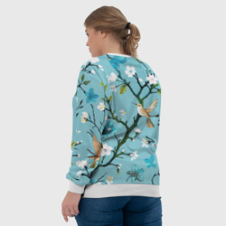 Свитшот с принтом Колибри ветка цветущего сада для женщины, вид на модели сзади №3. Цвет основы: белый