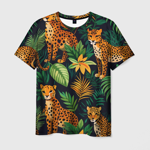 Мужская футболка с принтом Леопарды в джунглях, вид спереди №1