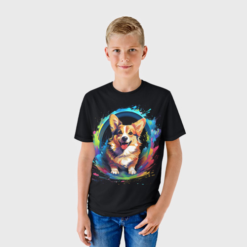 Детская футболка 3D с принтом Вельш корги в красках, фото на моделе #1