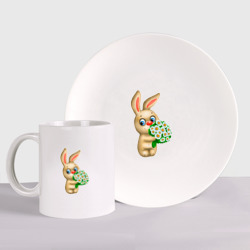 Набор: тарелка + кружка Плюшевый заяц с букетом
