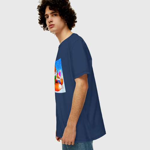 Мужская футболка хлопок Oversize Лиса с лисенком, цвет темно-синий - фото 5