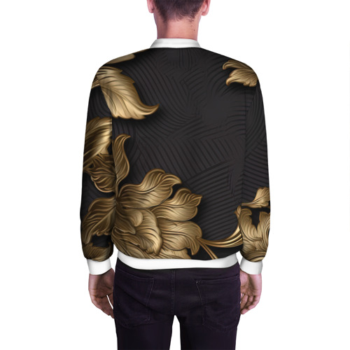 Мужской бомбер 3D Объемные золотые листья на черной ткани лепнина, цвет белый - фото 4