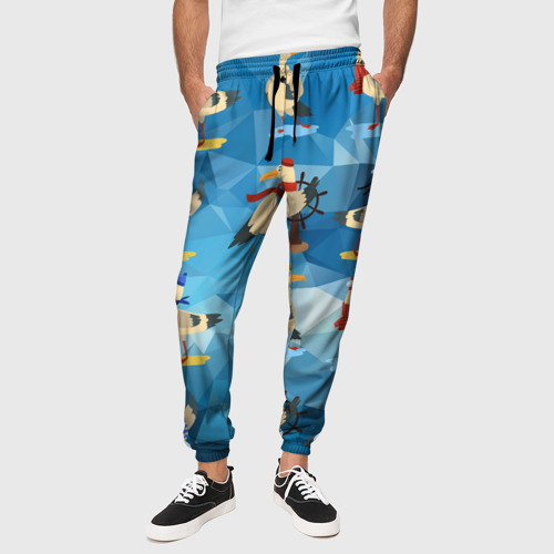Мужские брюки 3D Паттерн чаек на полигональном синем , цвет 3D печать - фото 4