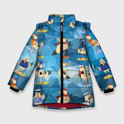 Зимняя куртка для девочек 3D Паттерн чаек на полигональном синем 
