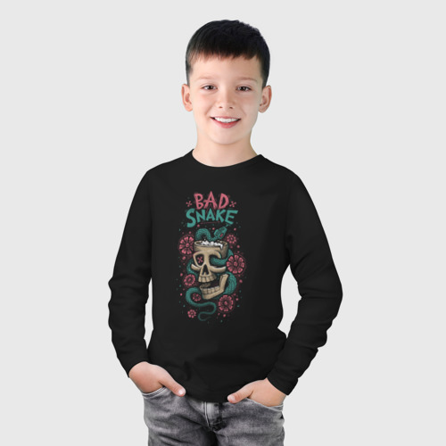 Детский лонгслив хлопок с принтом Bad snake skull, фото на моделе #1
