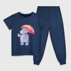 Детская пижама хлопок Мультяшный бегемот с зонтом