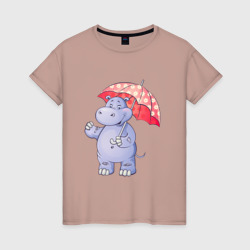 Женская футболка хлопок Мультяшный бегемот с зонтом