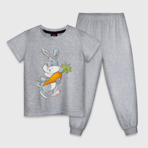 Детская пижама хлопок с принтом Мультяшный заяц с морковкой, вид спереди #2