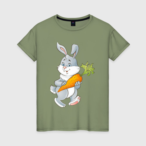 Женская футболка хлопок с принтом Мультяшный заяц с морковкой, вид спереди #2