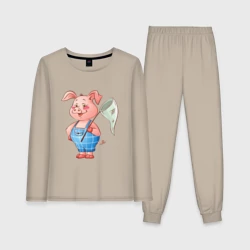 Женская пижама с лонгсливом хлопок Мультяшный поросенок с сачком