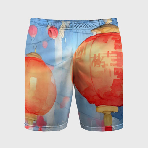 Мужские шорты спортивные с принтом Китайские новогодние фонарики, вид спереди #2