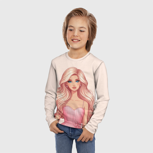 Детский лонгслив 3D с принтом Барби в розовом платье, фото на моделе #1