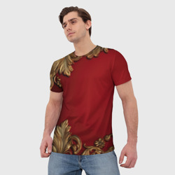 Мужская футболка 3D Золотые узоры на красном фоне лепнина - фото 2