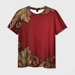 Мужская футболка 3D Золотые узоры на красном фоне лепнина