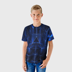 Детская футболка 3D Синие-неоновые полигональные треугольники - калейдоскопная текстура - фото 2