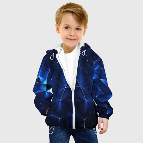 Детская куртка 3D Синие-неоновые полигональные треугольники - калейдоскопная текстура, цвет белый - фото 3
