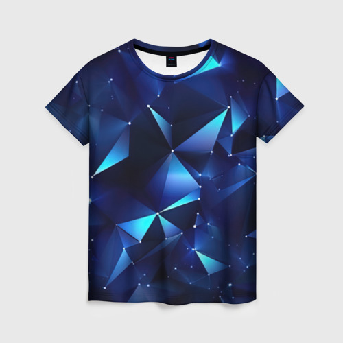 Женская футболка 3D с принтом Синие осколки  из мелких  абстрактных  частиц, вид спереди #2