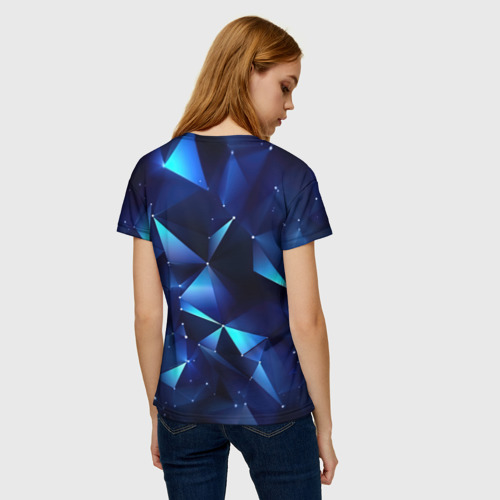Женская футболка 3D с принтом Синие осколки  из мелких  абстрактных  частиц, вид сзади #2