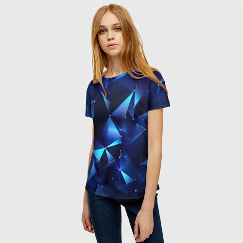 Женская футболка 3D с принтом Синие осколки  из мелких  абстрактных  частиц, фото на моделе #1