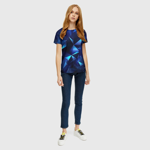 Женская футболка 3D с принтом Синие осколки  из мелких  абстрактных  частиц, вид сбоку #3