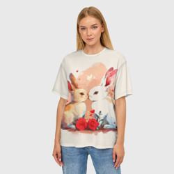 Женская футболка oversize 3D Влюбленные кролики с цветочками - фото 2