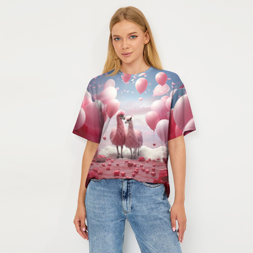 Женская футболка oversize 3D Розовые влюбленные ламы, цвет 3D печать - фото 5
