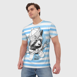 Мужская футболка 3D Енот моряк  голубая полоска  - фото 2