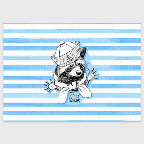 Поздравительная открытка Енот моряк  голубая полоска , цвет белый