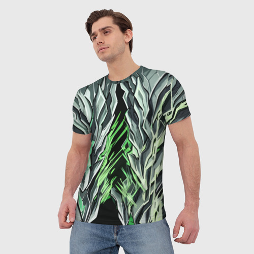 Мужская футболка 3D с принтом Камень и зелёные полосы, фото на моделе #1