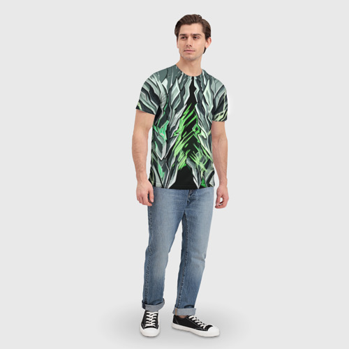 Мужская футболка 3D с принтом Камень и зелёные полосы, вид сбоку #3