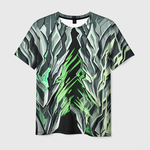 Мужская футболка 3D с принтом Камень и зелёные полосы, вид спереди #2