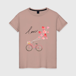 Велосипед с сердечками и цветами – Женская футболка хлопок с принтом купить со скидкой в -20%