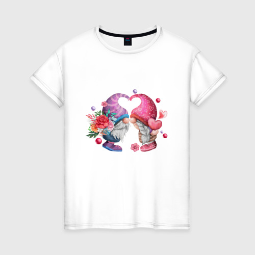 Женская футболка из хлопка с принтом Влюблённые гномы, вид спереди №1