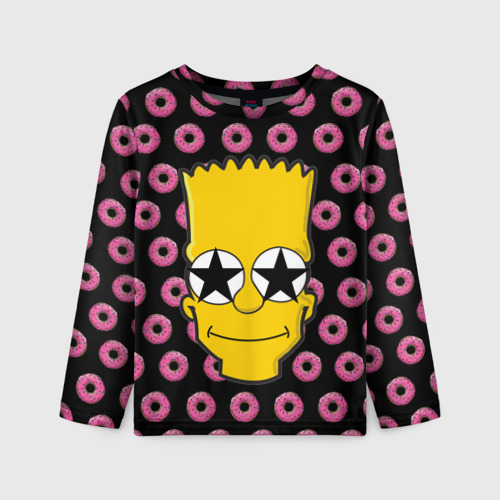 Детский лонгслив 3D с принтом Барт Симпсон на фоне пончиков, вид спереди #2