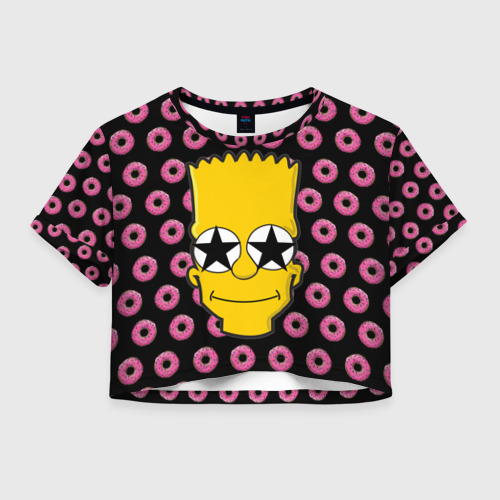 Женская футболка Crop-top 3D Барт Симпсон на фоне пончиков, цвет 3D печать