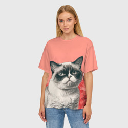 Женская футболка oversize 3D Недовольный кот в день Святого Валентина  - фото 2