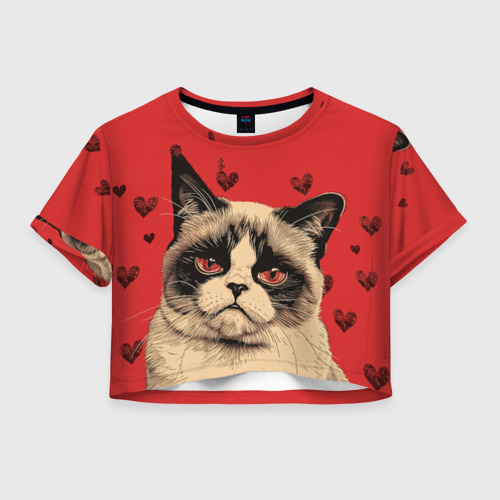 Женская футболка Crop-top 3D Недовольный кот антивалентин, цвет 3D печать