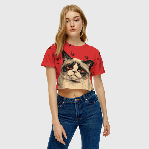 Женская футболка Crop-top 3D Недовольный кот антивалентин, цвет 3D печать - фото 4