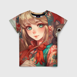 Детская футболка 3D Русская девушка в аниме стиле в платке и с плюшевой игрушкой на плече