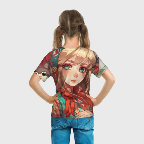 Детская футболка 3D Русская девушка в аниме стиле в платке и с плюшевой игрушкой на плече, цвет 3D печать - фото 6